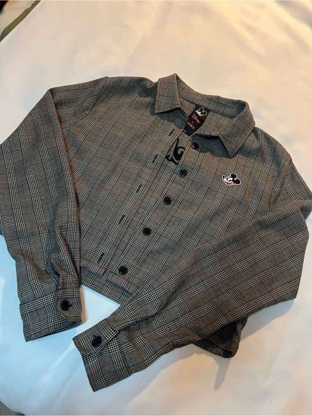 Forever 21 Gray Plaid Cropped Jacket with Mickey Patch